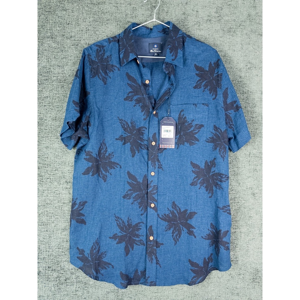 NWT Ben Sherman Linen Blend Button Up Shirt Mens M Navy Floral Tropical Coastal